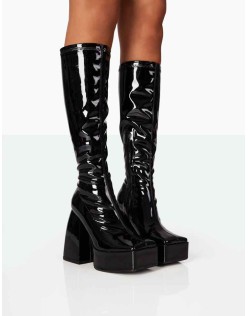 Heartbeat Black Patent PU Chunky Square Toe Platform Block Knee High Boots