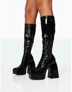 Heartbeat Black Patent PU Chunky Square Toe Platform Block Knee High Boots