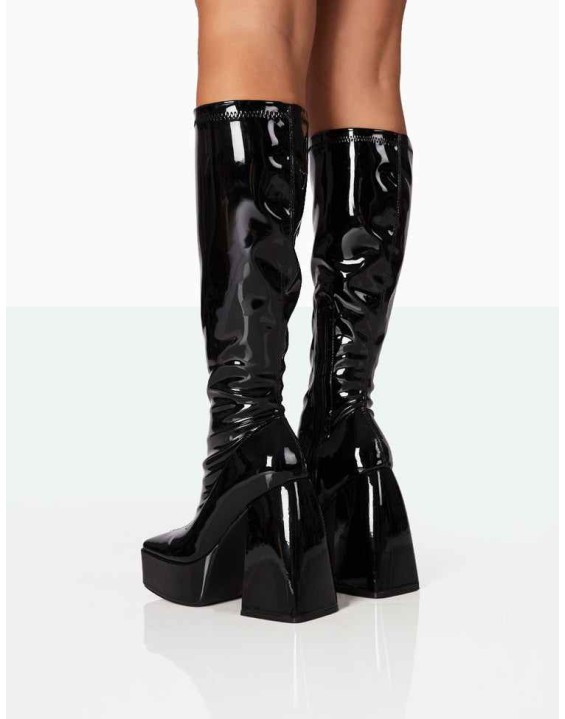 Heartbeat Black Patent PU Chunky Square Toe Platform Block Knee High Boots