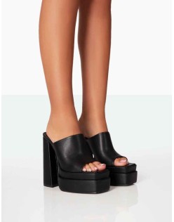 Skyhigh Black Grain PU Chunky Platform High Heeled Mules
