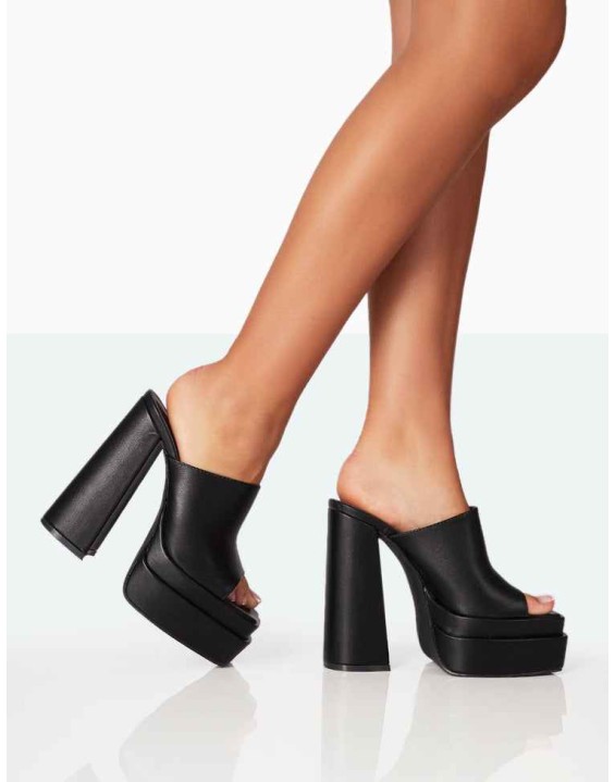 Skyhigh Black Grain PU Chunky Platform High Heeled Mules