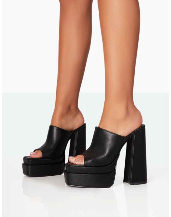 Skyhigh Black Grain PU Chunky Platform High Heeled Mules