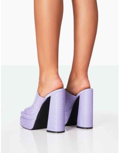 Skyhigh Neon Purple Croc Chunky Platform High Heeled Mules
