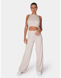 V Front Low Waisted Wide Leg Knitted Trousers Oatmeal