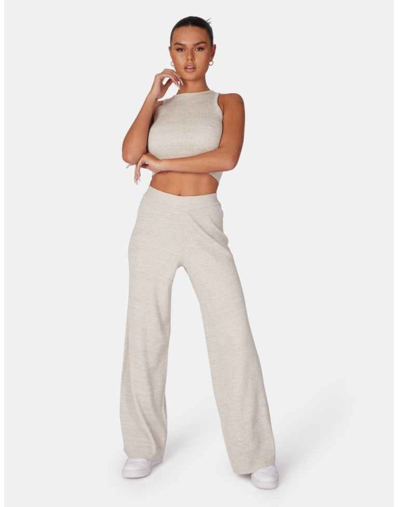 V Front Low Waisted Wide Leg Knitted Trousers Oatmeal