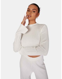 Long Sleeve High Neck Ribbed Knitted Crop Top White