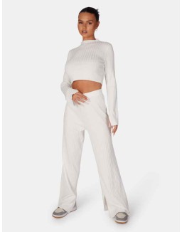 Long Sleeve High Neck Ribbed Knitted Crop Top White