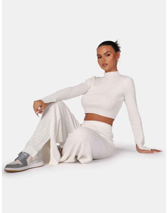 Long Sleeve High Neck Ribbed Knitted Crop Top White