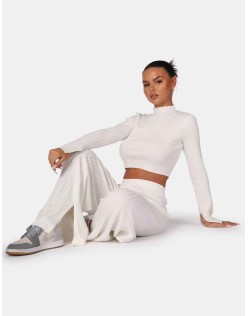 V Front Wide Leg Ribbed Knitted Trousers White