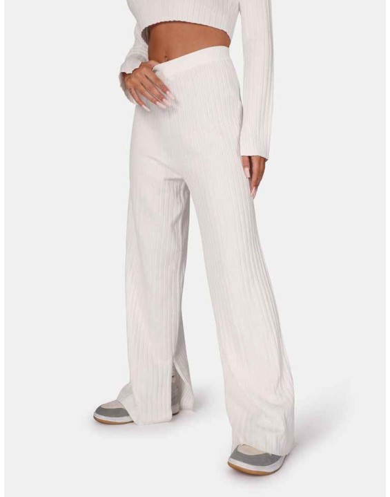 V Front Wide Leg Ribbed Knitted Trousers White