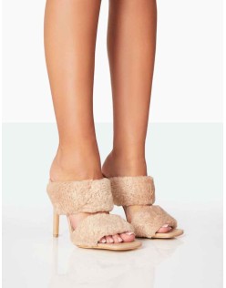 Poodle Beige Faux Fur Stiletto Mule Heels