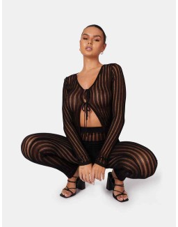 Tie Front Ladder Stitch Long Sleeve Knitted Cardigan