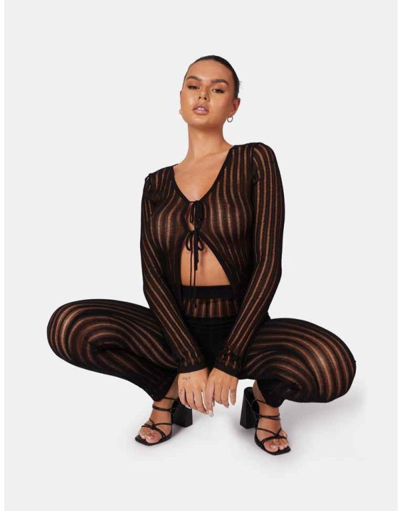 Tie Front Ladder Stitch Long Sleeve Knitted Cardigan