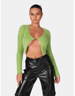 Long Sleeve Kaiia Trim Fluffy Knit Top Green