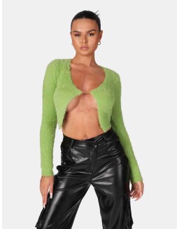 Long Sleeve Kaiia Trim Fluffy Knit Top Green