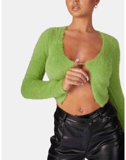 Long Sleeve Kaiia Trim Fluffy Knit Top Green
