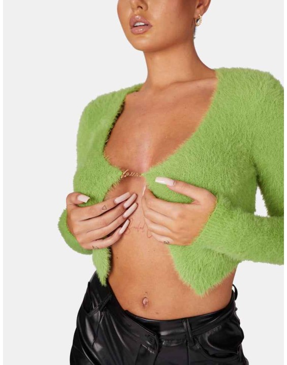 Long Sleeve Kaiia Trim Fluffy Knit Top Green