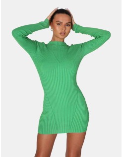 Knitted High Neck Long Sleeve Contrast Stitch Mini Dress Green