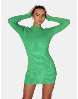 Knitted High Neck Long Sleeve Contrast Stitch Mini Dress Green