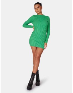Knitted High Neck Long Sleeve Contrast Stitch Mini Dress Green
