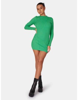 Knitted High Neck Long Sleeve Contrast Stitch Mini Dress Green
