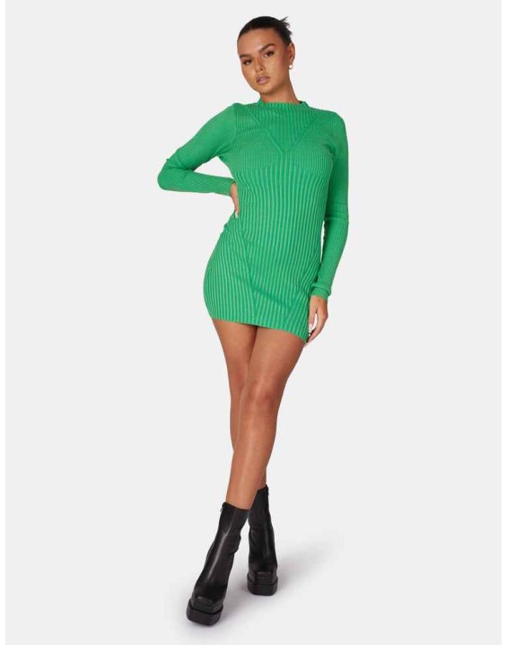 Knitted High Neck Long Sleeve Contrast Stitch Mini Dress Green