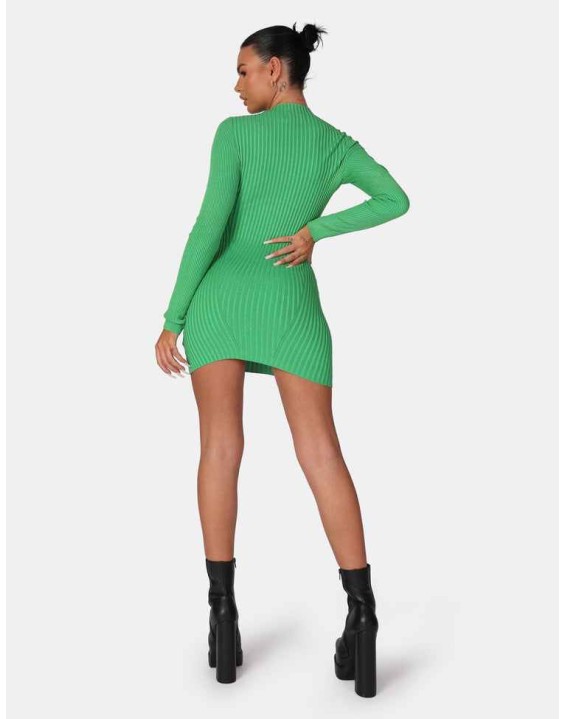 Knitted High Neck Long Sleeve Contrast Stitch Mini Dress Green
