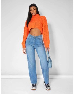 Roll Neck Cropped Cable Knitted Jumper Orange