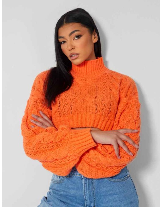 Roll Neck Cropped Cable Knitted Jumper Orange