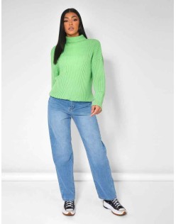 HIGH NECK CONSTRAST STITCH RIBBED KNITTED OVERSIZED JUMPER GREEN