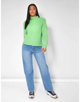 HIGH NECK CONSTRAST STITCH RIBBED KNITTED OVERSIZED JUMPER GREEN
