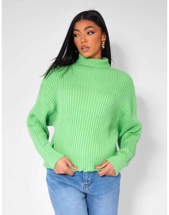 HIGH NECK CONSTRAST STITCH RIBBED KNITTED OVERSIZED JUMPER GREEN