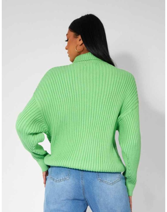 HIGH NECK CONSTRAST STITCH RIBBED KNITTED OVERSIZED JUMPER GREEN