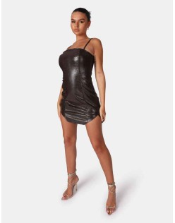 Square Neck Croc Hem Cut Out Mini Dress Chocolate