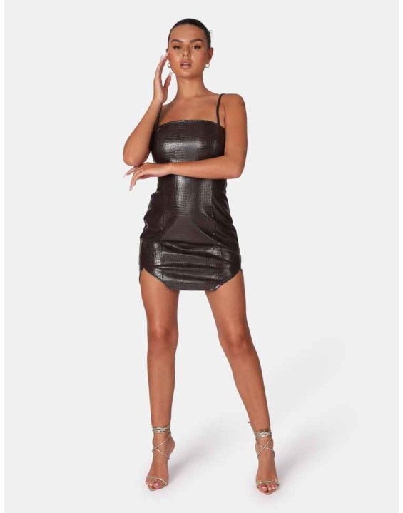 Square Neck Croc Hem Cut Out Mini Dress Chocolate