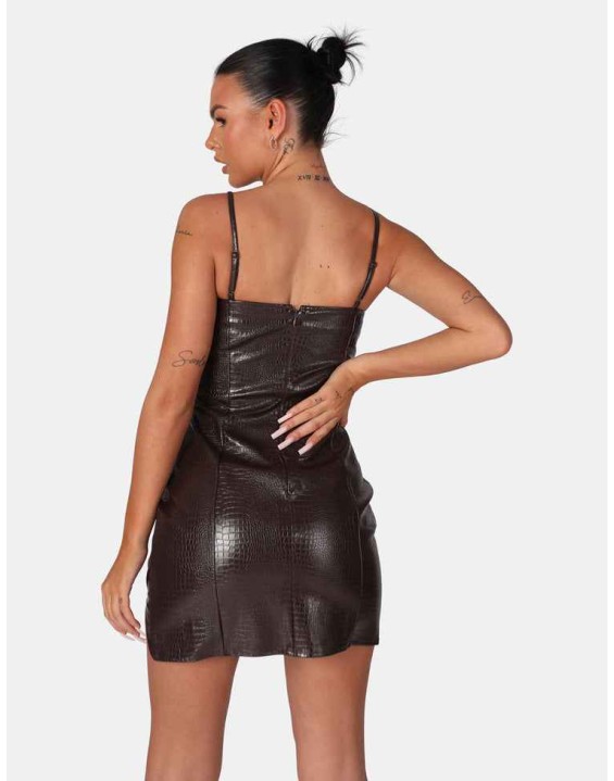 Square Neck Croc Hem Cut Out Mini Dress Chocolate