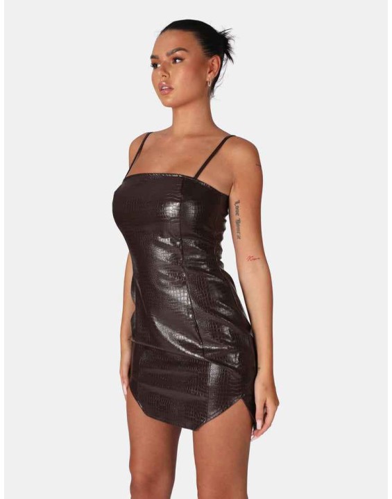 Square Neck Croc Hem Cut Out Mini Dress Chocolate