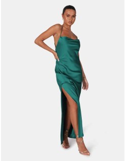 Split Hem Cowl Neck Cross Back Maxi Dress Emerald Green