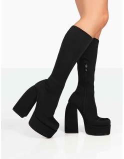 Jayce Black Nylon Chunky Square Toe Platform Block Boots