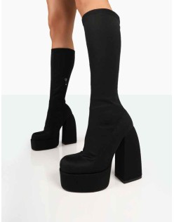 Jayce Black Nylon Chunky Square Toe Platform Block Boots