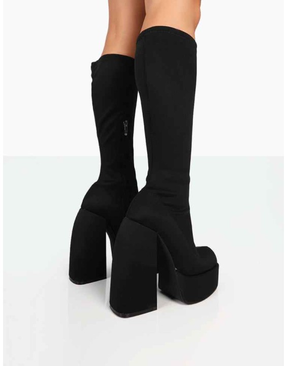 Jayce Black Nylon Chunky Square Toe Platform Block Boots