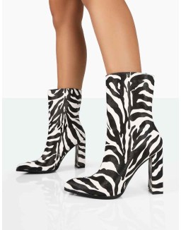 Bridget Zebra Printed PU Pointed Toe Block Heeled Ankle Boots