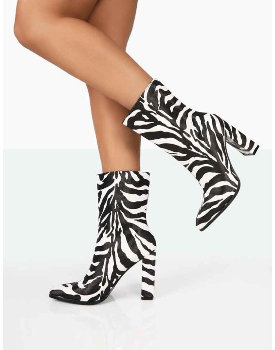 Bridget Zebra Printed PU Pointed Toe Block Heeled Ankle Boots