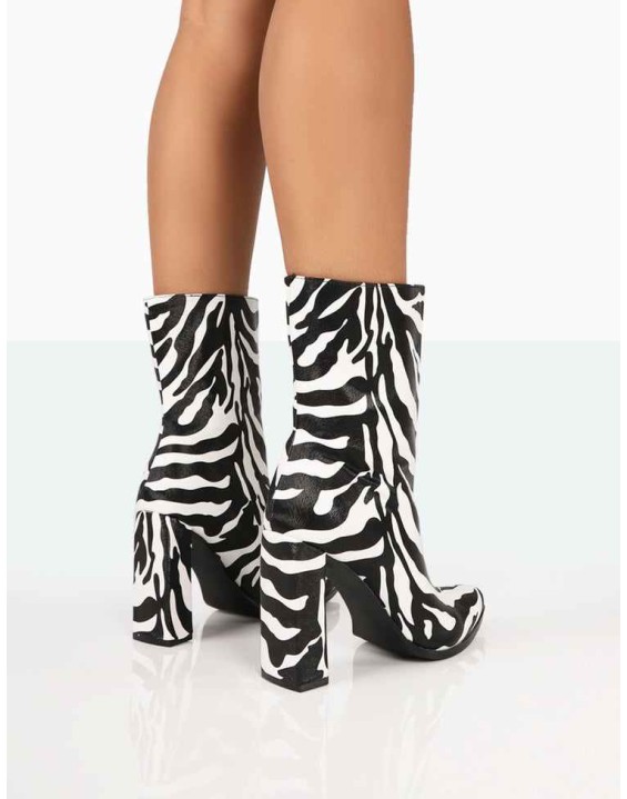 Bridget Zebra Printed PU Pointed Toe Block Heeled Ankle Boots