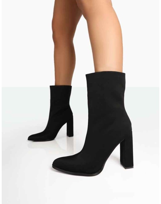 Bridget Black Nylon Pointed Toe Block Heeled Ankle Boots