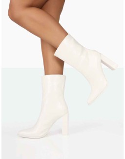 Bridget White PU Pointed Toe Block Heeled Ankle Boots