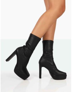 Domini Black Pu Platform Ankle Slim Heeled Boots