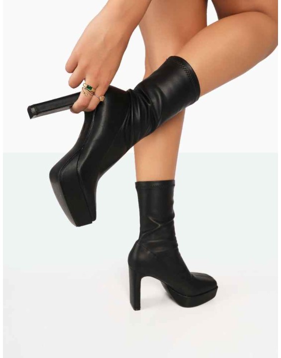 Domini Black Pu Platform Ankle Slim Heeled Boots