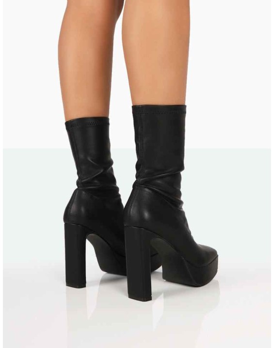 Domini Black Pu Platform Ankle Slim Heeled Boots