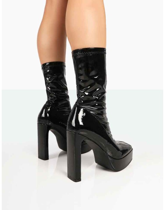 Domini Black Patent Platform Ankle Slim Heeled Boots